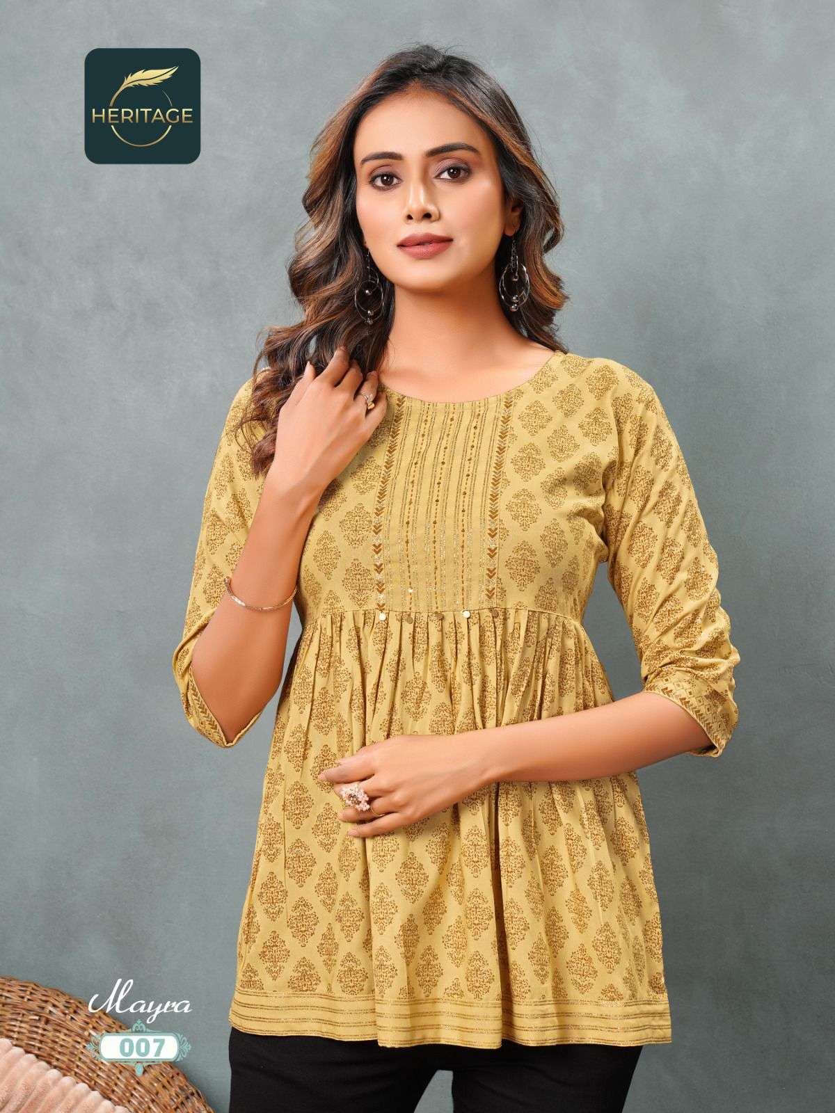 MAYRA RAYON SLUB DESIGNER SHORT KURTAS WITH STYLISH PRINTS ANDHANDWORK BY HARITAGE BRAND 1007